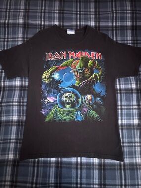 Hanes Black Iron Maiden Graphic Tee with Green & Blue Print